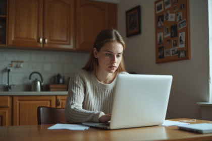 Jeune femme assise seule avec son ordinateur dans la cuisine
