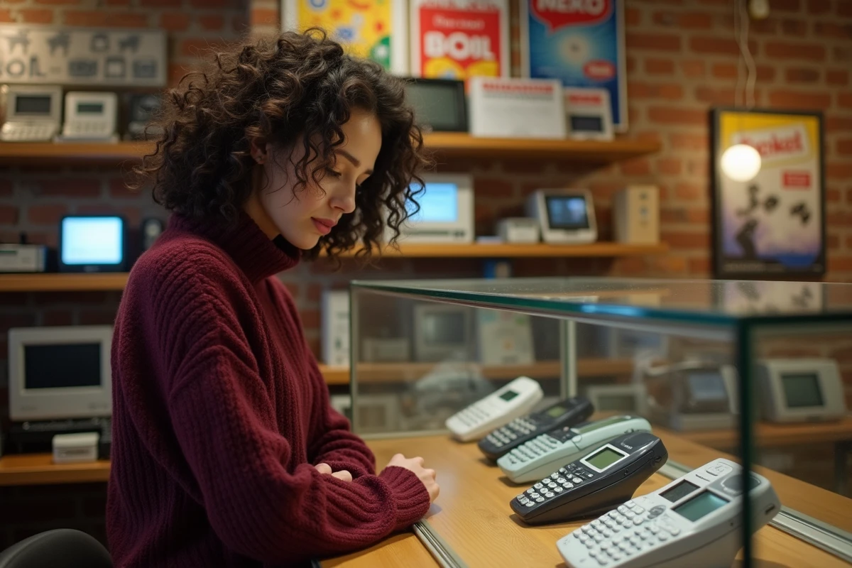 Femme collectionnant des téléphones Nokia anciens dans une boutique de revente d'électronique vintage avec vitrine de modèles rares