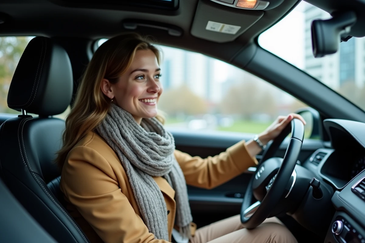 Jeune femme dans une voiture moderne regardant par la fenêtre