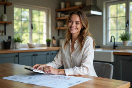 Femme souriante examinant des plans immobiliers et documents