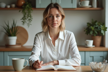 Femme en cuisine avec journal et tasse chaude