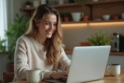 Femme souriante jouant à Motus dans sa cuisine chaleureuse