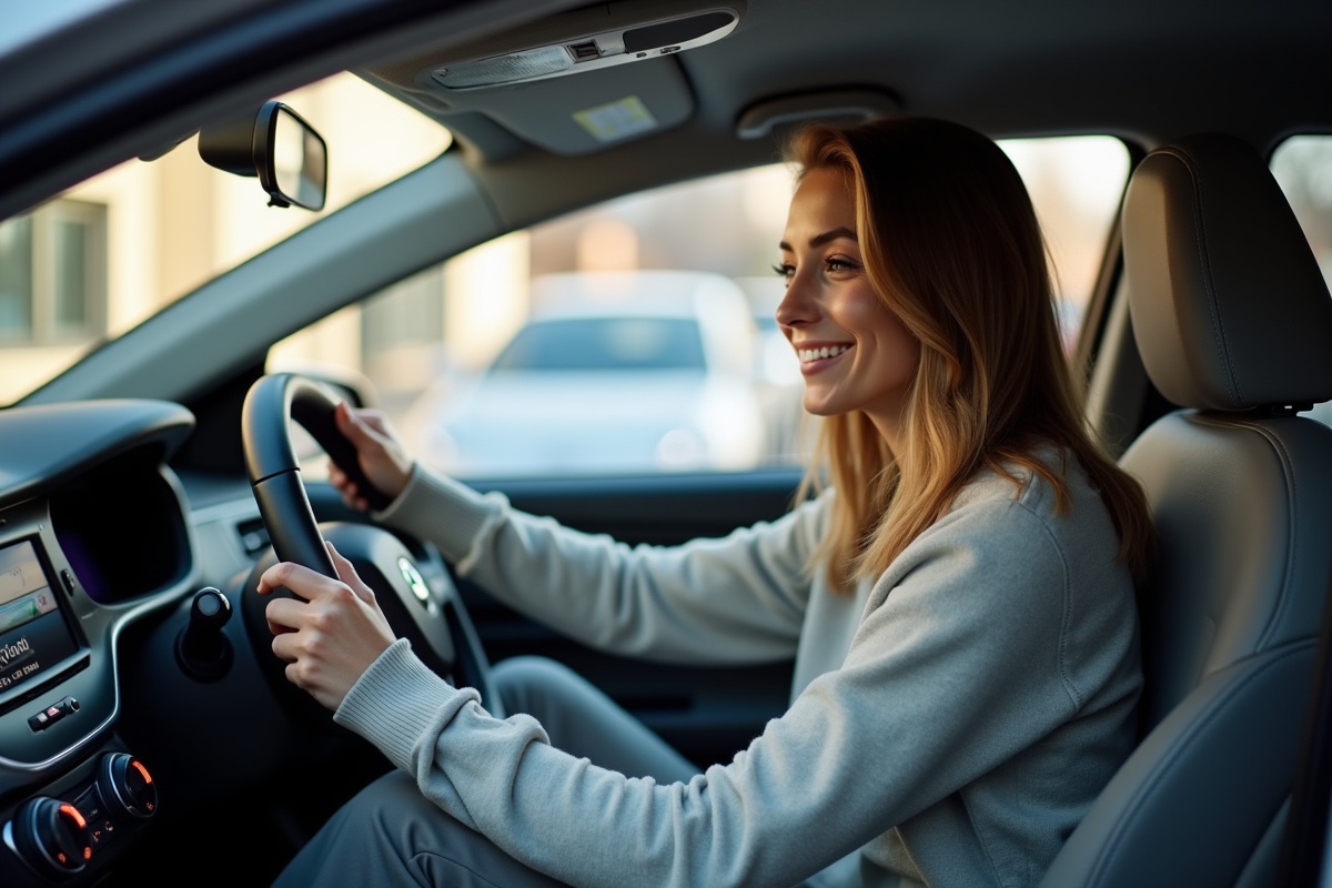 Femme souriante dans sa voiture hybride en ville