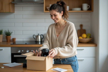Jeune femme déballant une machine à café dans une cuisine moderne