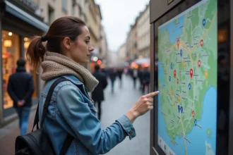 Jeune femme interagissant avec une carte tactile à Toulouse