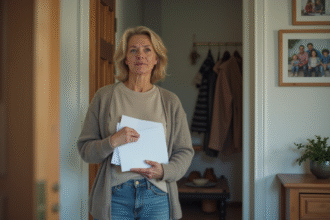 Femme d'âge moyen près de l'entrée d'un appartement avec des documents