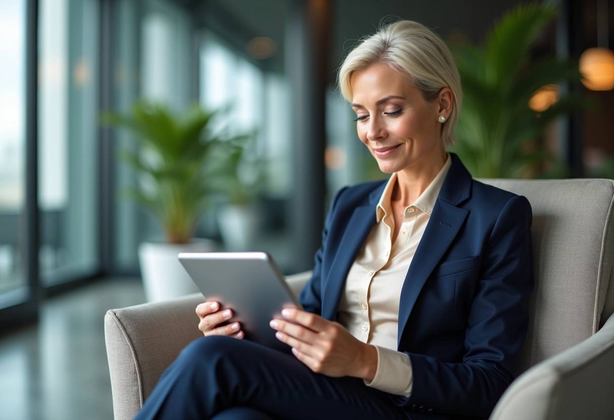 Femme cadre en lounge professionnel avec tablette