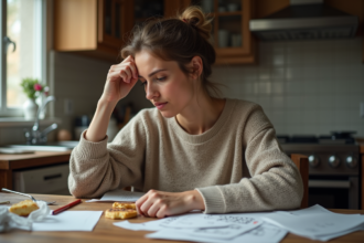 Femme fatiguée assise à la cuisine avec papiers et petit déjeuner