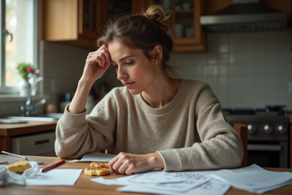 Femme fatiguée assise à la cuisine avec papiers et petit déjeuner