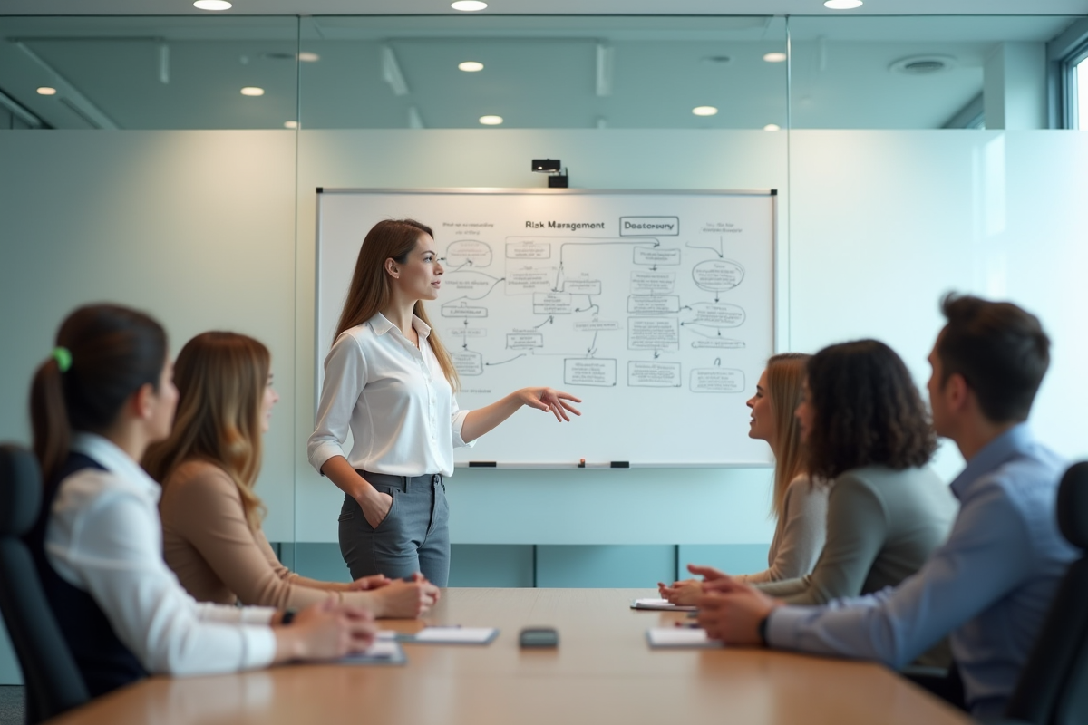 Jeune femme expliquant un diagramme de gestion des risques