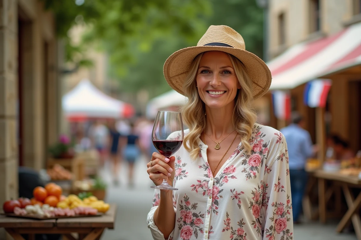 Femme souriante dégustant du vin local lors d'une fête de village en Aveyron avec tables de produits régionaux en arrière-plan