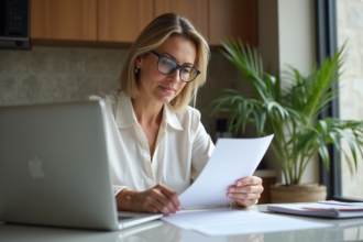 Femme d'affaires examine des documents de prêt immobilier