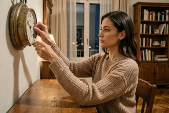 Femme ajustant une horloge murale analogique indiquant 22h dans un appartement parisien la nuit