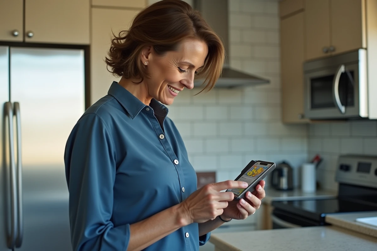 Femme inspectant un code Pokémon TCG dans la cuisine