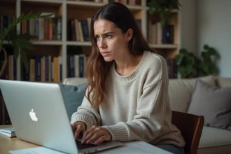 Femme frustrée devant son ordinateur avec erreur de torrent