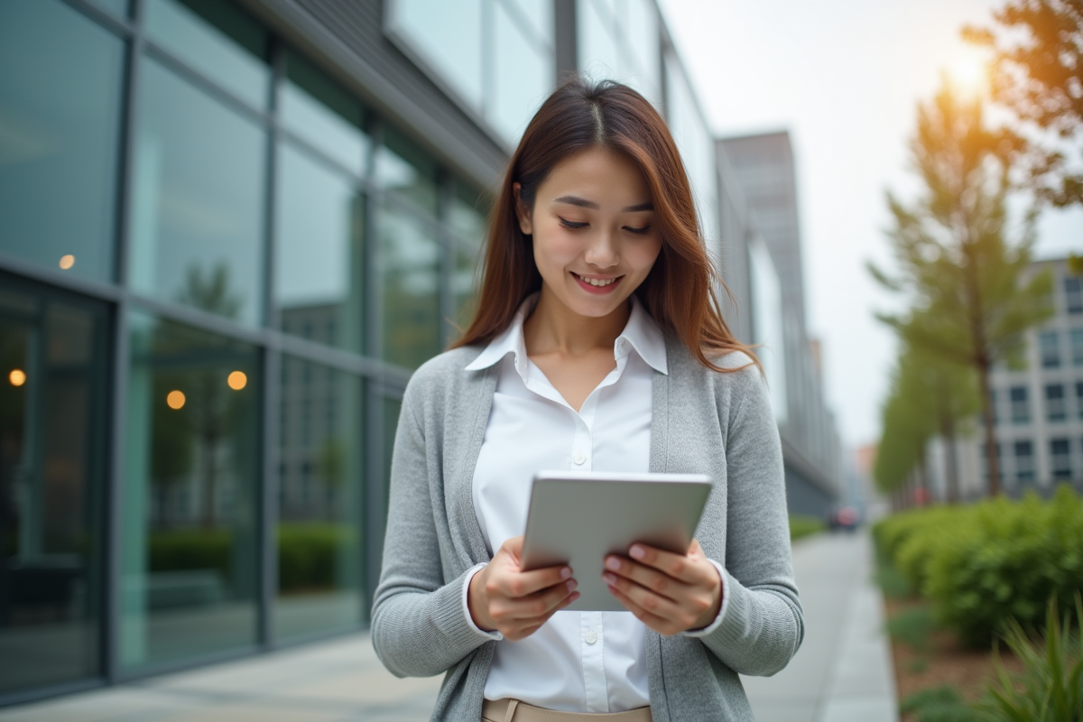 Jeune femme vérifiant son application d investissement à l extérieur