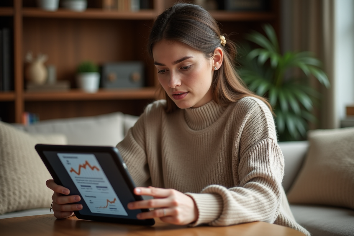 Jeune femme concentrée utilisant une tablette pour un rapport d