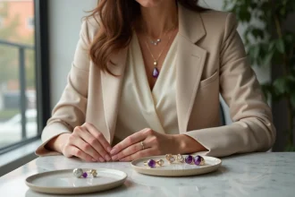 Femme élégante ajustant un collier en pierre violette