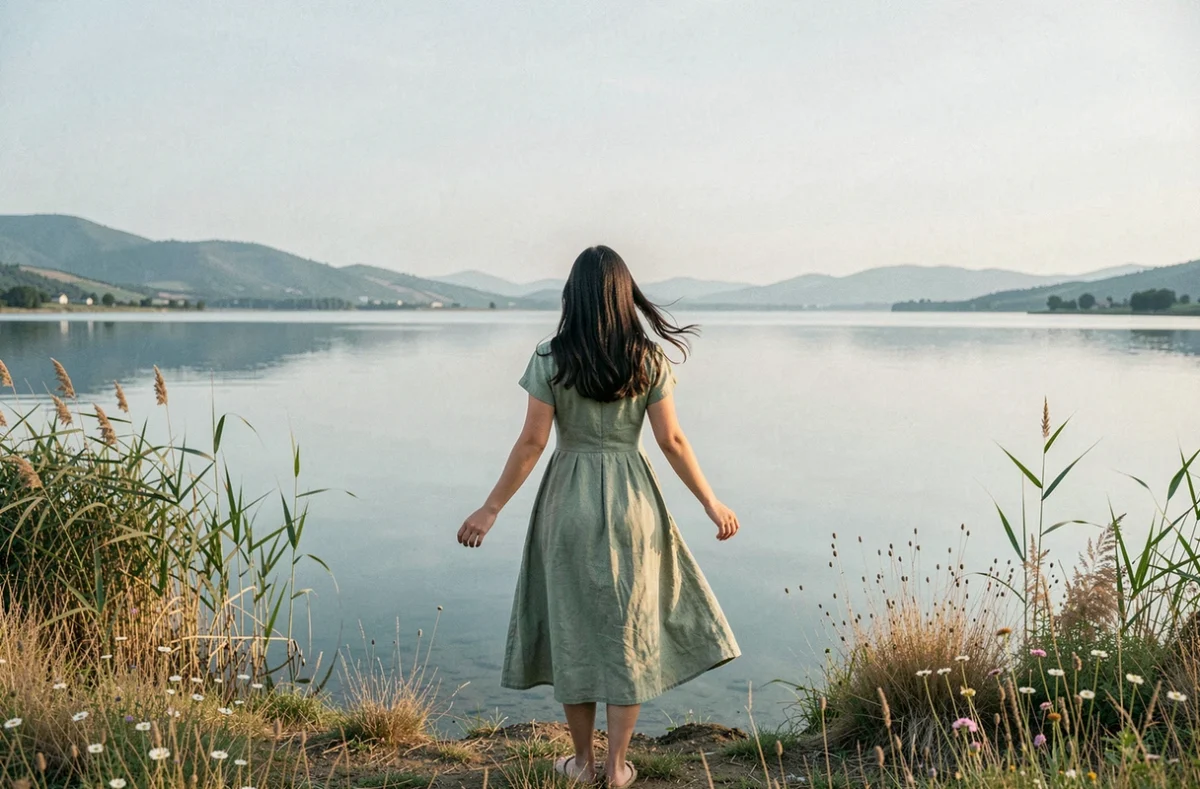 Femme de dos au bord d'un lac au lever du jour, robe verte au vent, symbolisant un nouveau départ sentimental et la sérénité après une rupture
