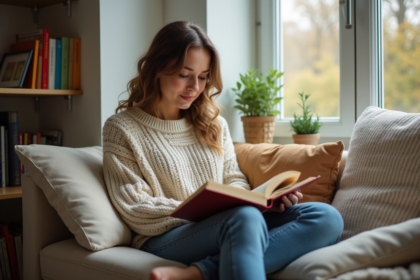 Jeune femme lisant dans un salon lumineux et cosy