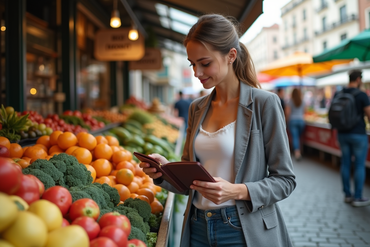 Jeune femme comparant prix au marché en ville
