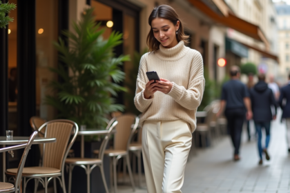 Femme élégante en pantalon crème dans un café parisien