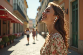 Jeune femme écoutant de la musique dans une rue pavée européenne, évoquant l'ambiance de la chanson Elle me dit de Mika