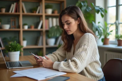 Jeune femme concentrée utilisant son smartphone dans un bureau moderne