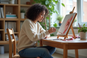 Femme peignant un tableau en peinture par numéros dans un salon lumineux