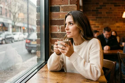 Femme pensive dans un café tenant un café chaud, regard tourné vers la fenêtre sous la pluie, évoquant la nostalgie amoureuse et l'espoir d'un nouveau départ