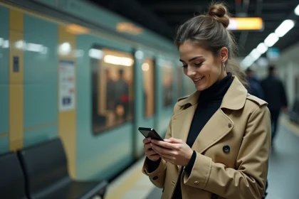 Jeune femme consultant le plan du métro de Lyon sur son smartphone sur un quai de station