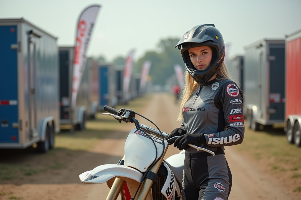 Jeune femme ajustant ses gants près de sa moto motocross