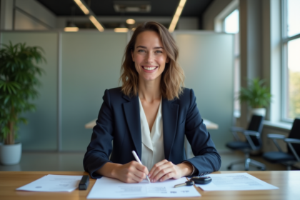 Femme d affaires souriante dans un bureau moderne