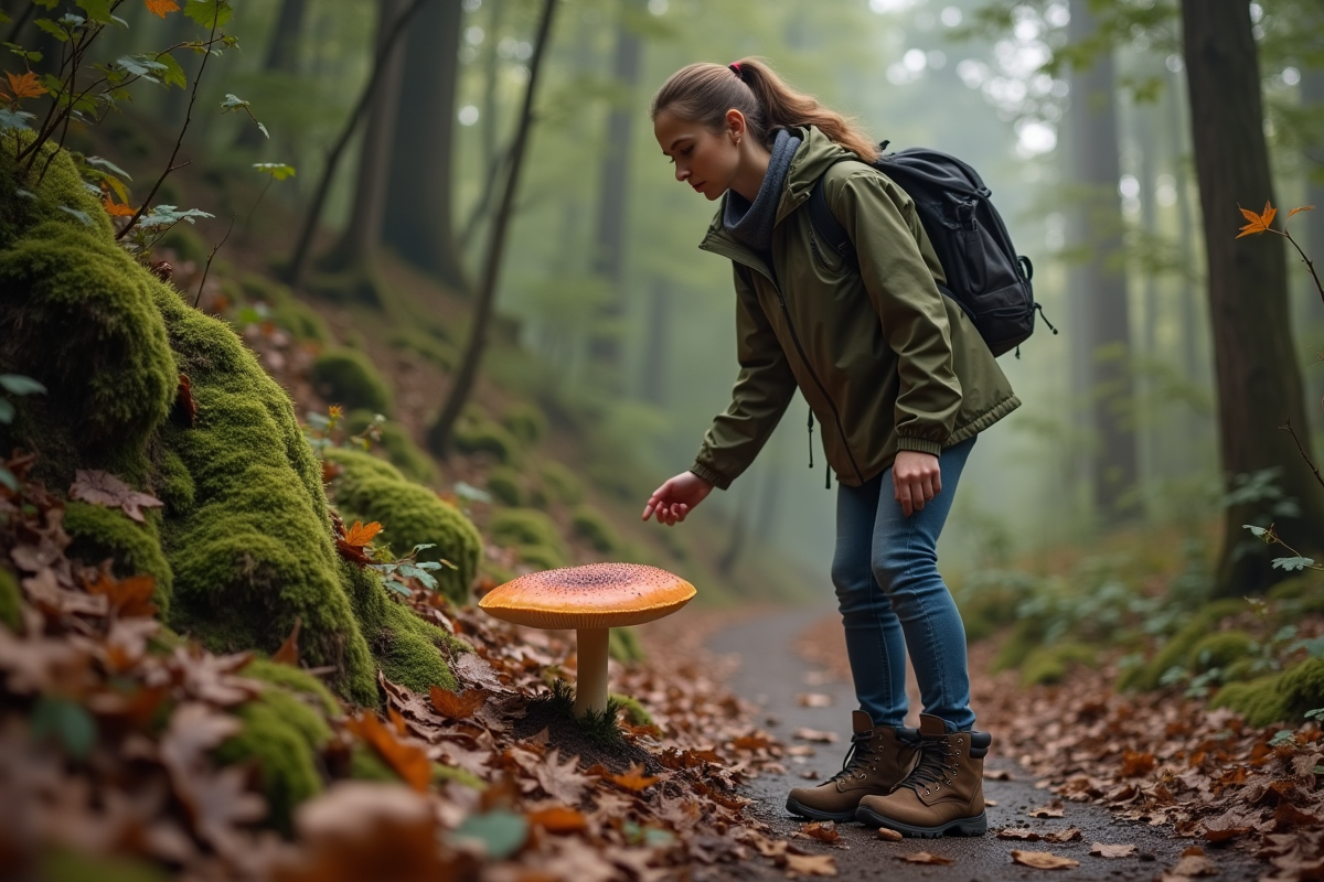 Jeune femme randonneuse pointant un bolet au beau pied dans la forêt