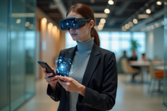 Femme portant des lunettes AR dans un espace moderne