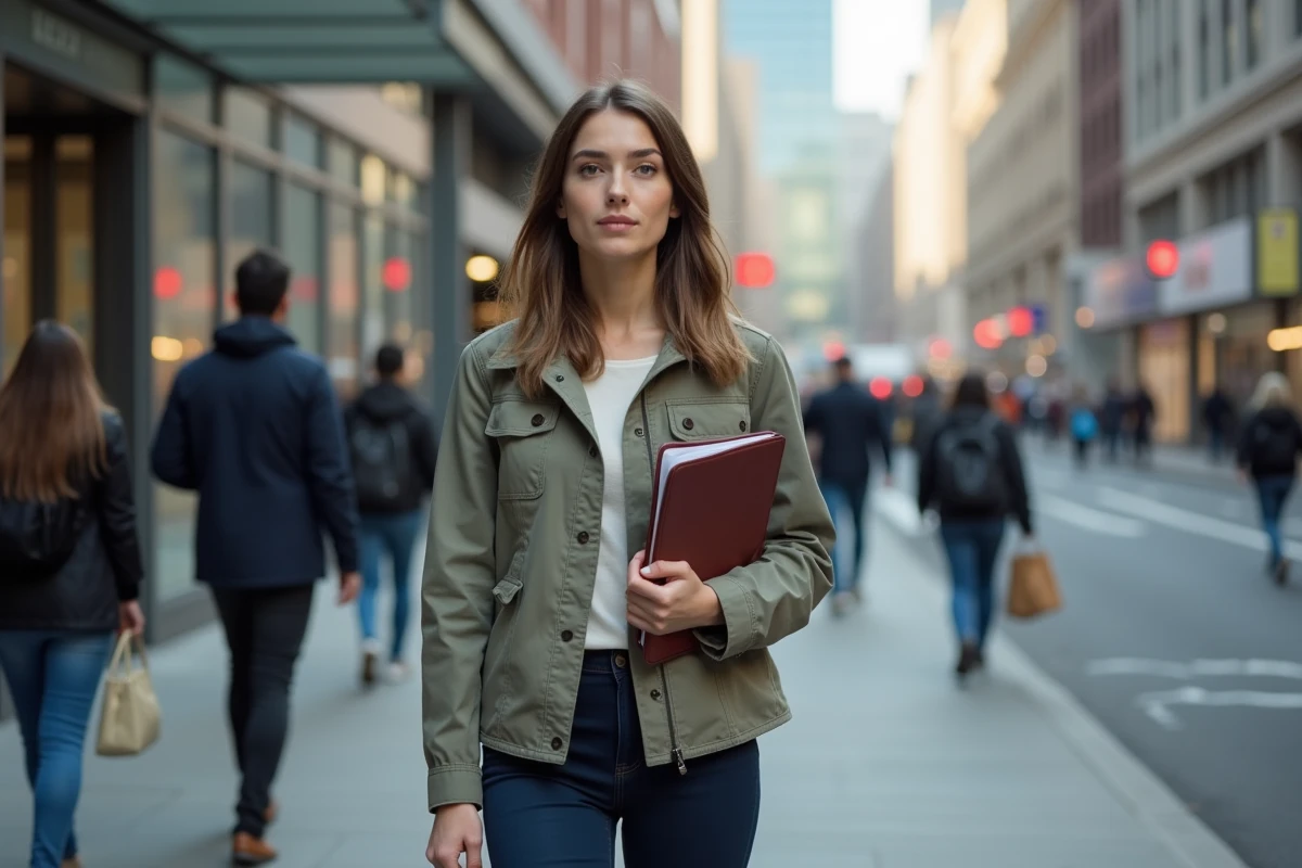 Jeune femme marche dans la ville avec un dossier de CV