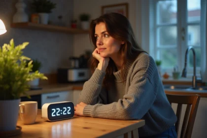 Femme pensante regardant une horloge digitale dans la cuisine