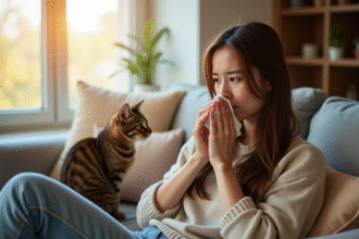 Jeune femme reniflant sur un canapé avec un chat à côté