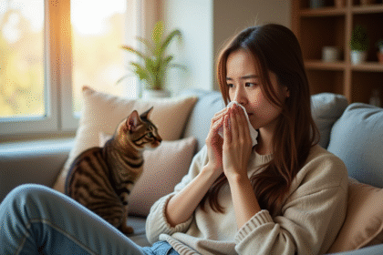 Jeune femme reniflant sur un canapé avec un chat à côté