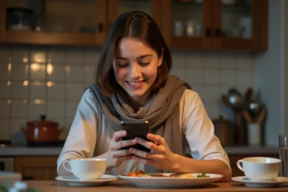 Jeune femme souriante répondant à un message sur son smartphone dans la cuisine