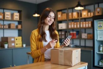Femme détendue avec colis et smartphone au point relais