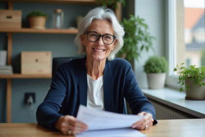 Femme retraitée souriante en bureau lumineux