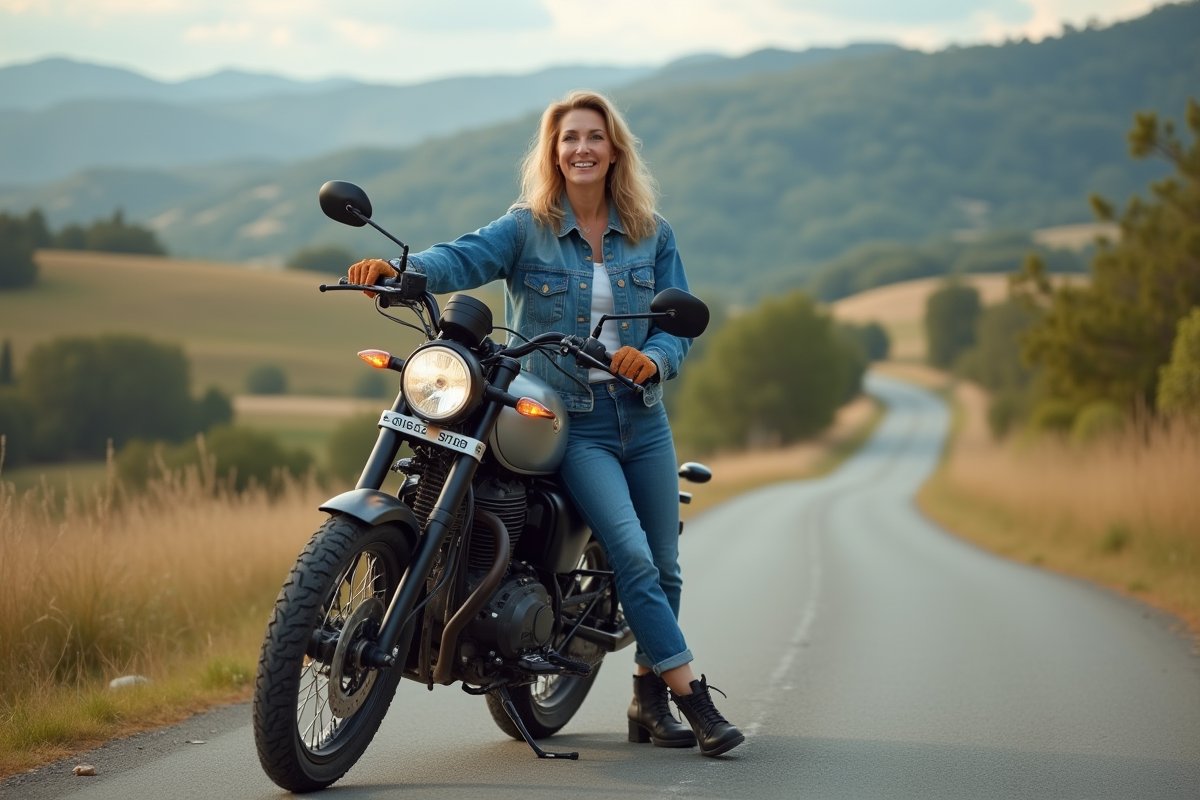 Femme souriante avec sa moto dans un paysage rural