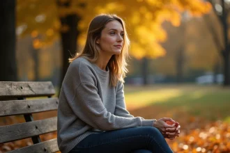 Femme seule sur un banc en automne, regard pensif symbolisant le lâcher prise après une séparation de flamme jumelle