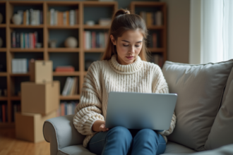 Femme assise sur un canapé en train de faire du shopping en ligne