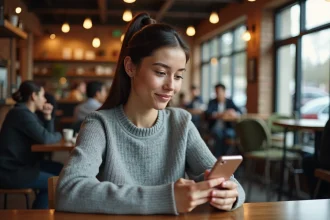 Jeune femme consultant un lien sur son smartphone dans un café urbain moderne