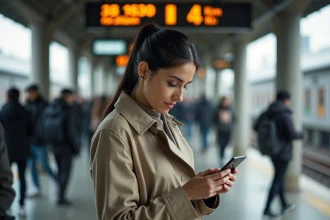 Femme consultant une application de conversion milles kilomètres sur smartphone dans une gare urbaine animée