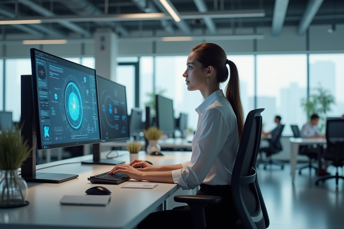 Jeune femme IT utilisant une interface AI sur son écran