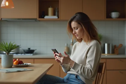 Femme anxieuse regardant son smartphone dans la cuisine