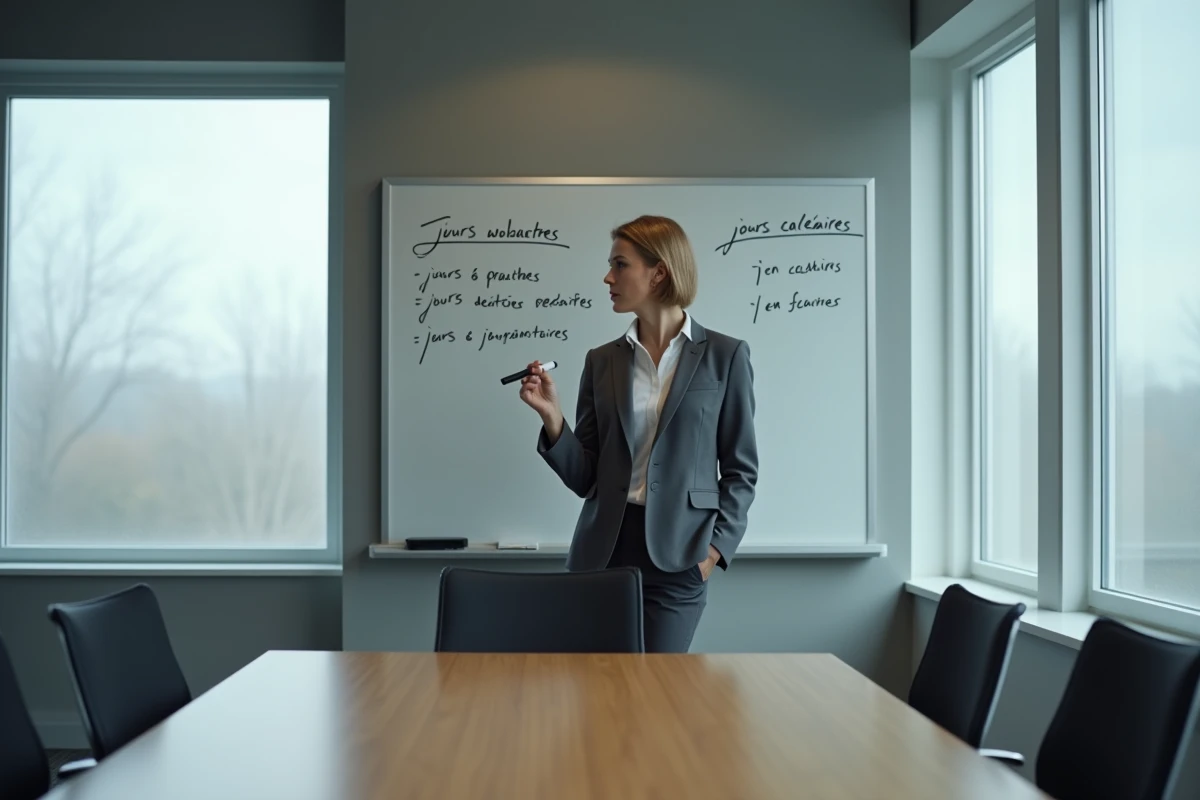 Une femme en blazer explique la différence entre jours travaillés et jours calendaires sur un tableau blanc en salle de réunion